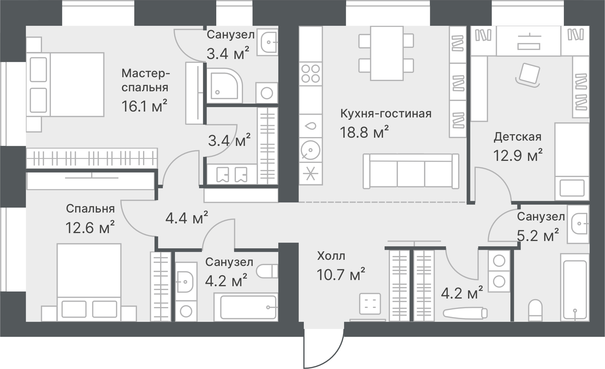 Планировка: 4-комнатная евро 95.9 м² в ЖК Дружеский, Плеханово