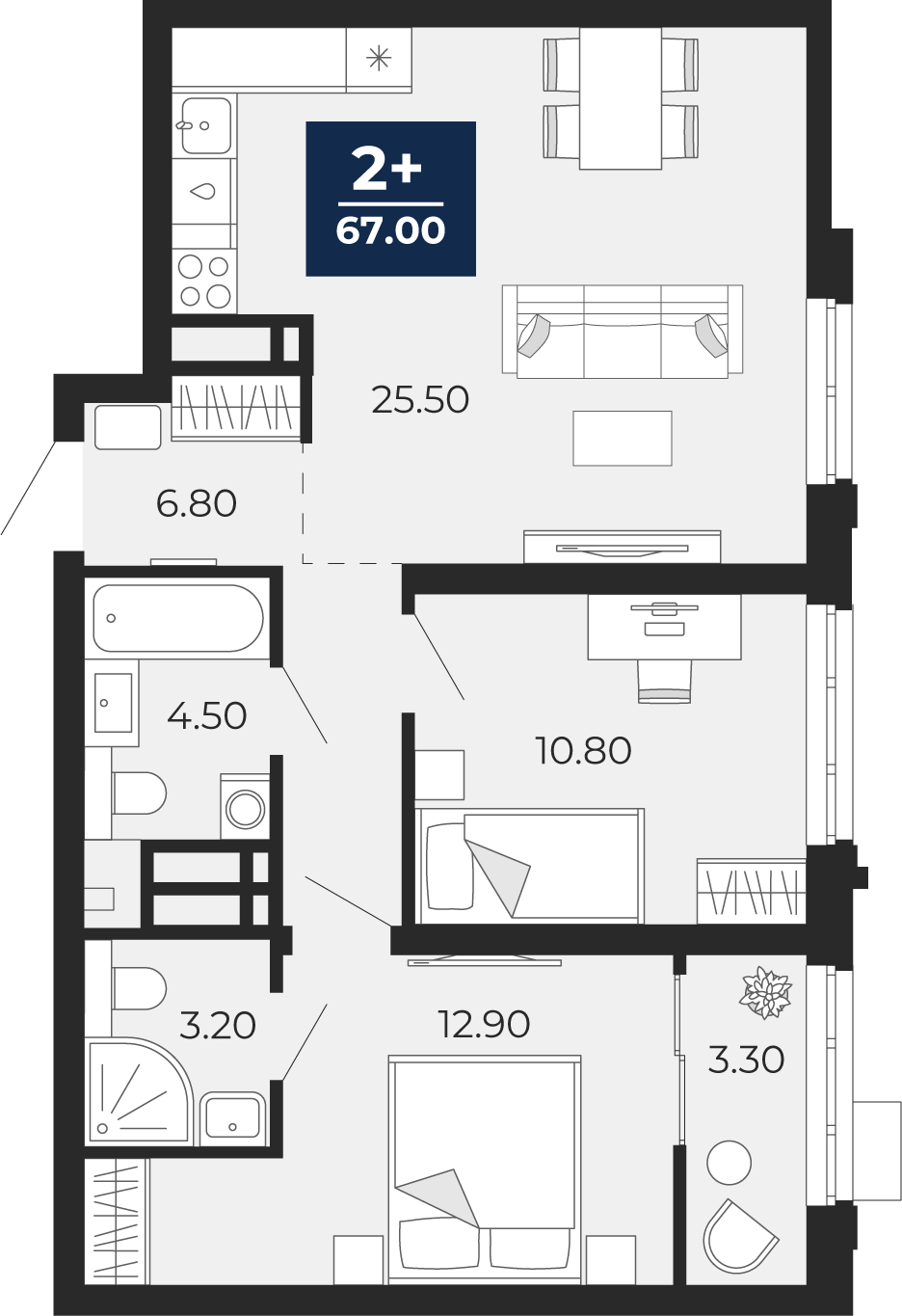 Планировка: 2-комнатная 63.7 м² в ЖК Айвазовский, 5-й Заречный