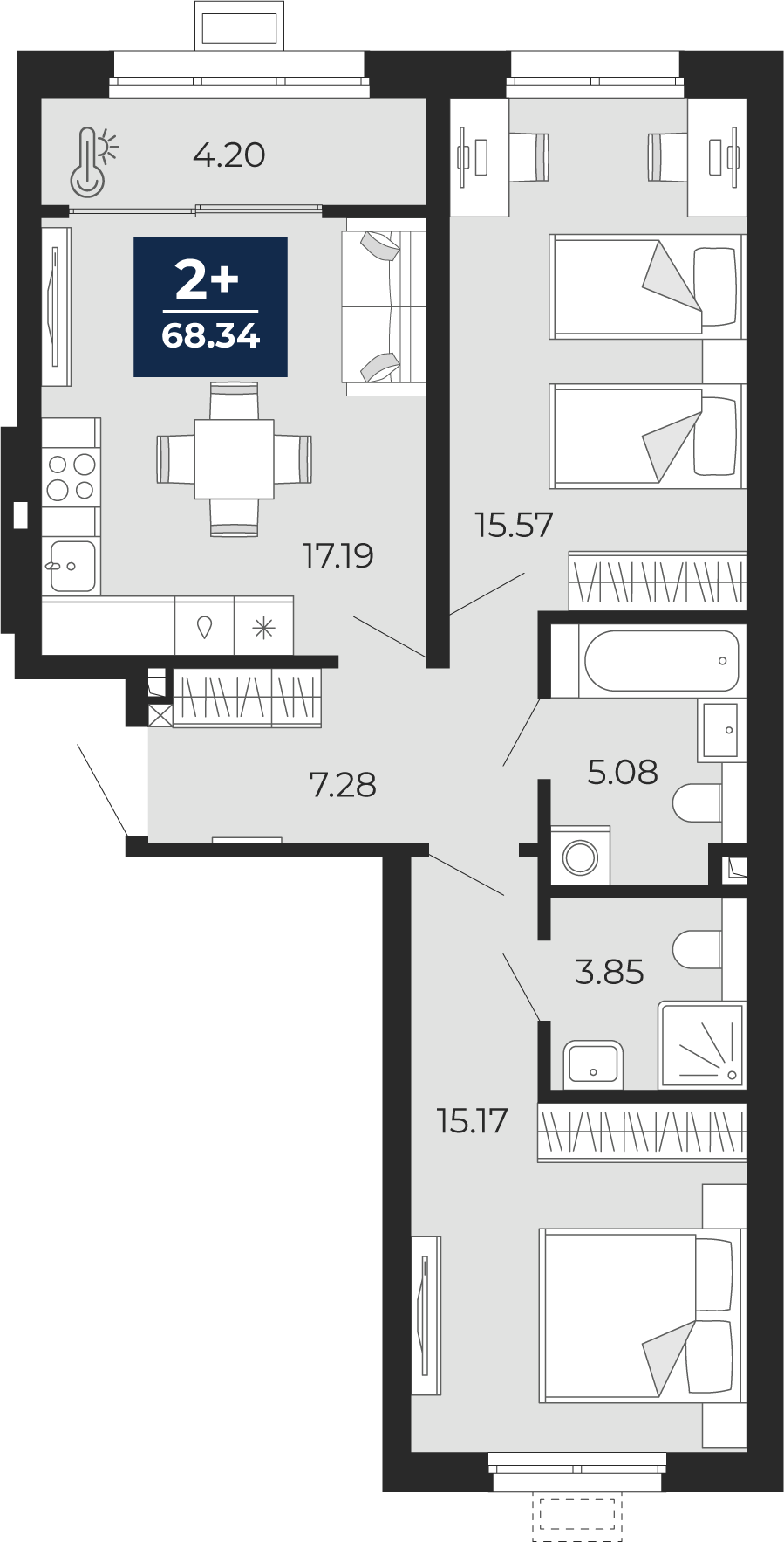 Планировка: Евротрешка 68.3 м² в ЖК Беринг, Лесобаза
