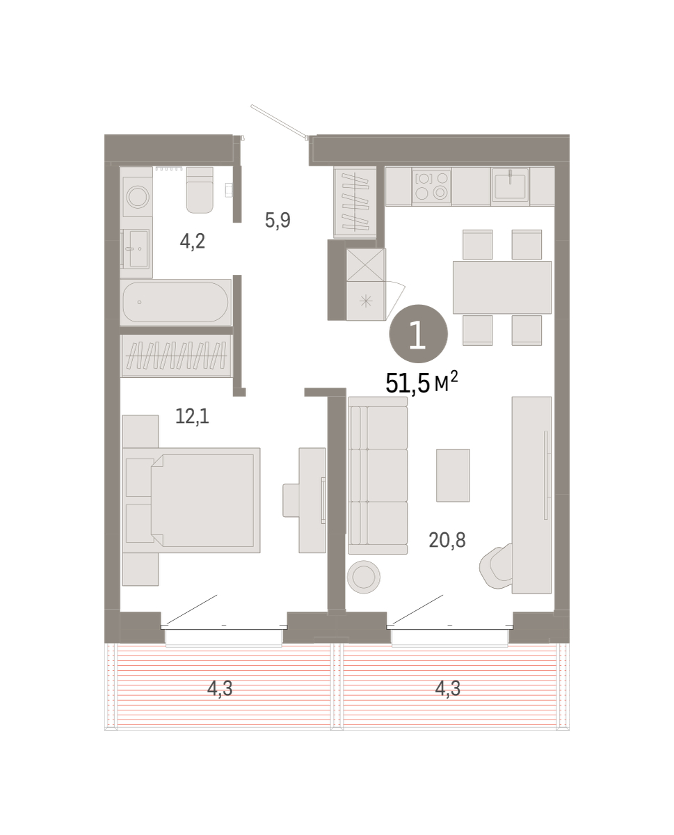 Планировка: Евродвушка 51.5 м² в ЖК На Минской, Центр: Драмтеатр
