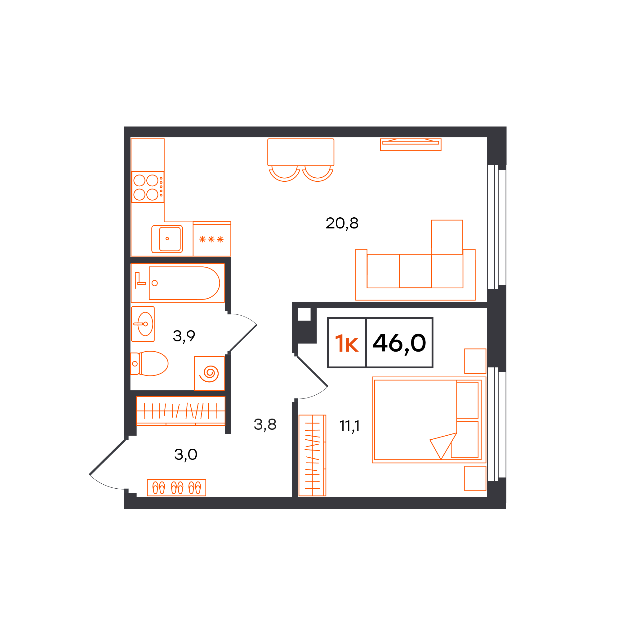 Планировка: Евродвушка 46 м² в ЖК Отличие, Комарово Парк