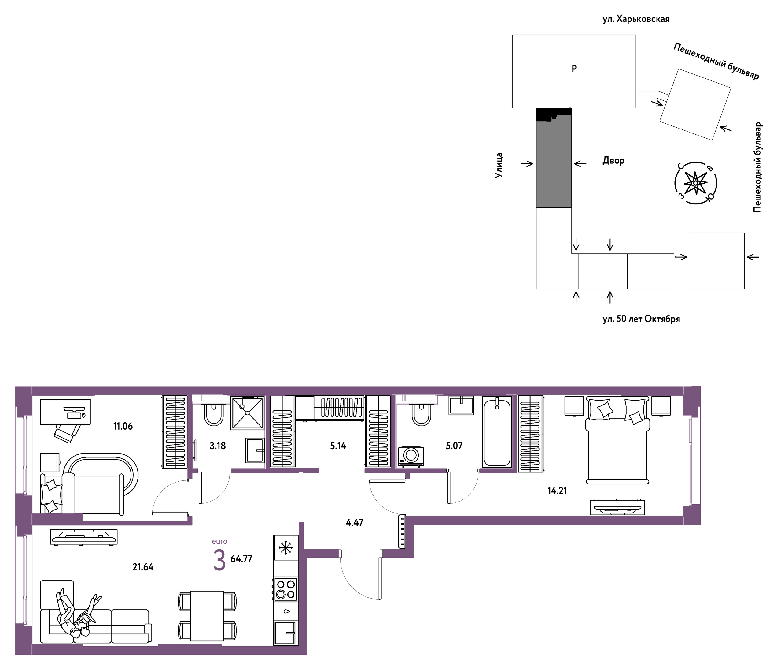Планировка: Формат уточняется 64.8 м² в ЖК Сердце Сибири, Центр: КПД