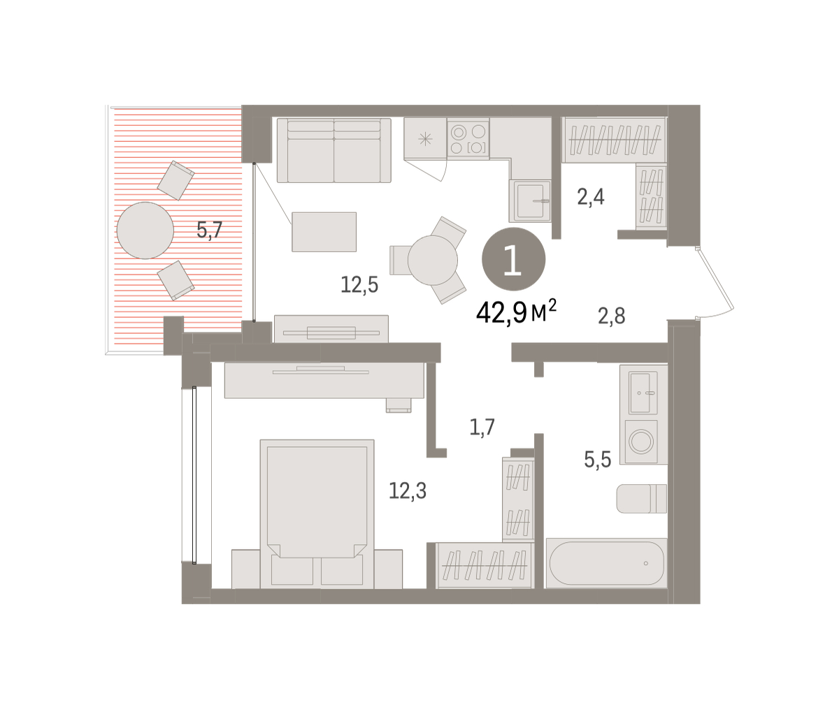 Планировка: 1-комнатная 42.9 м² в ЖК Дом у озера, Европейский