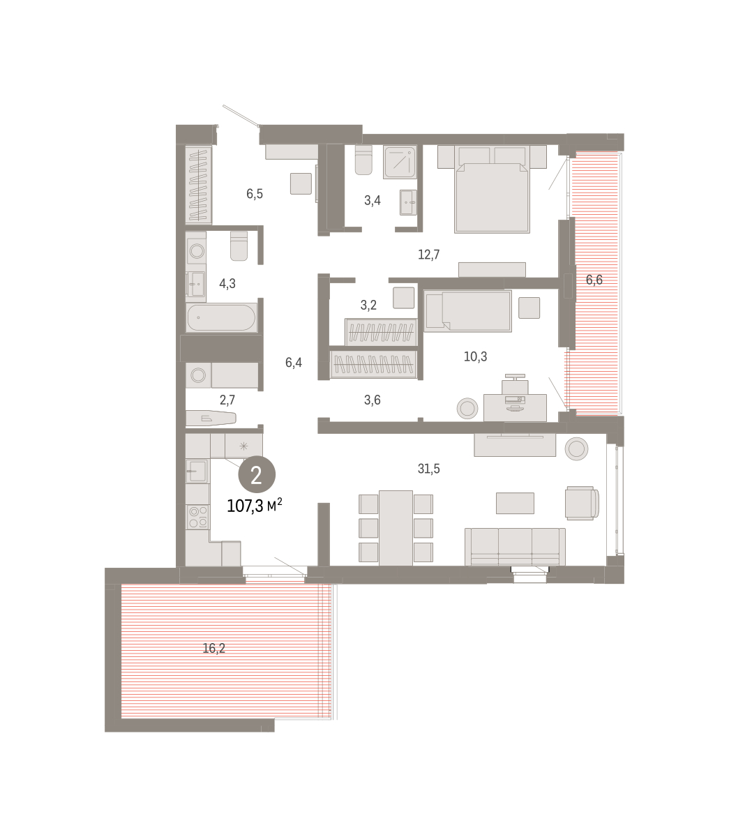 Планировка: Евротрешка 107.2 м² в ЖК Республики 205, Центр: КПД