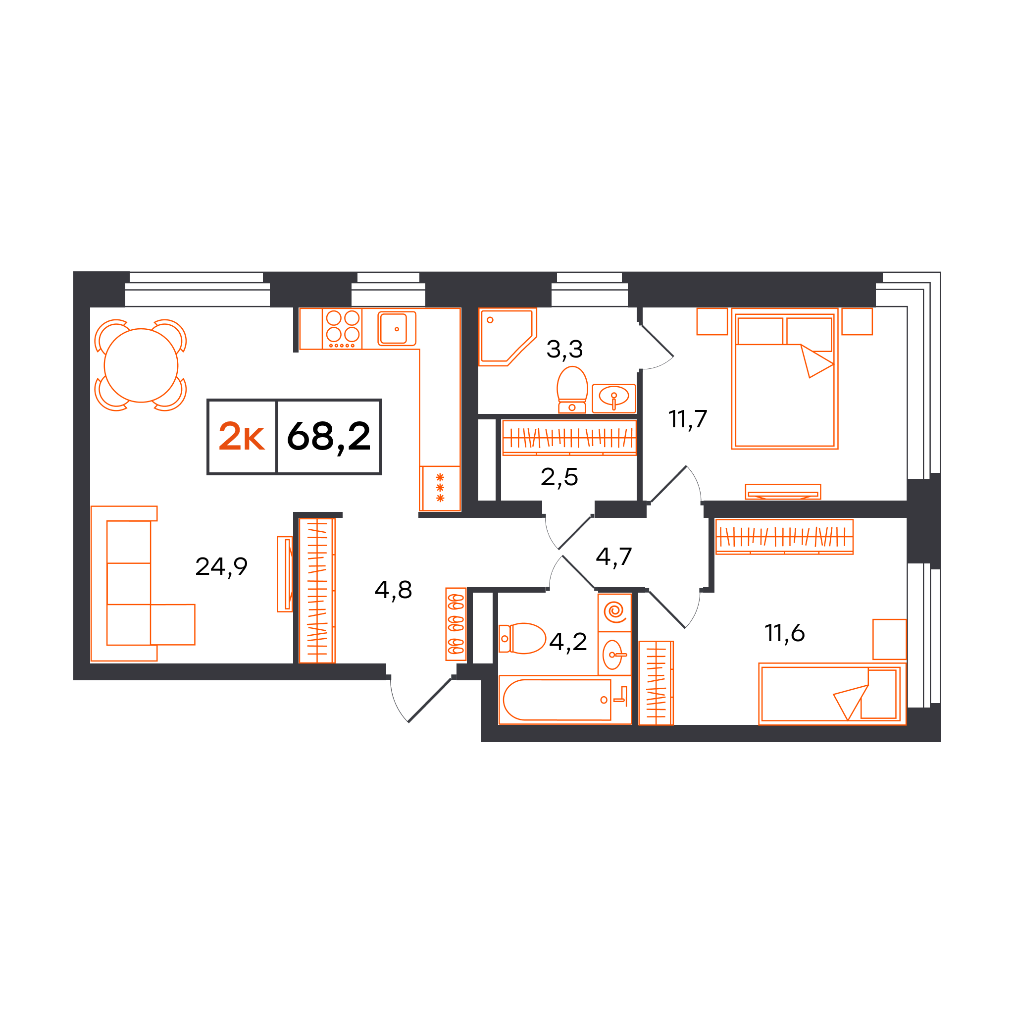 Планировка: Евротрешка 68.2 м² в ЖК Отличие, Комарово Парк