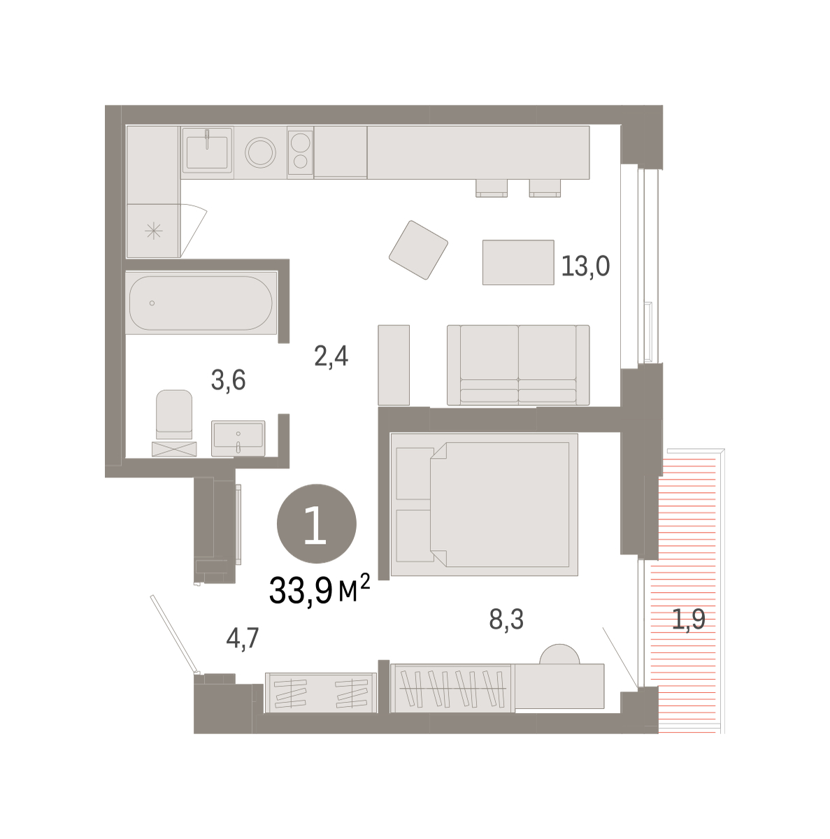 Планировка: Евродвушка 33.9 м² в ЖК Зарека, Заречный