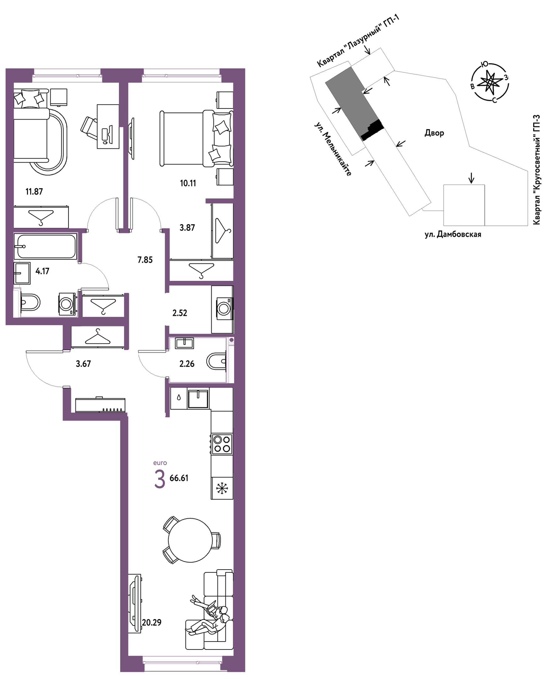 Планировка: Формат уточняется 66.6 м² в ЖК Страна. Прибрежная, Центр: Студгородок