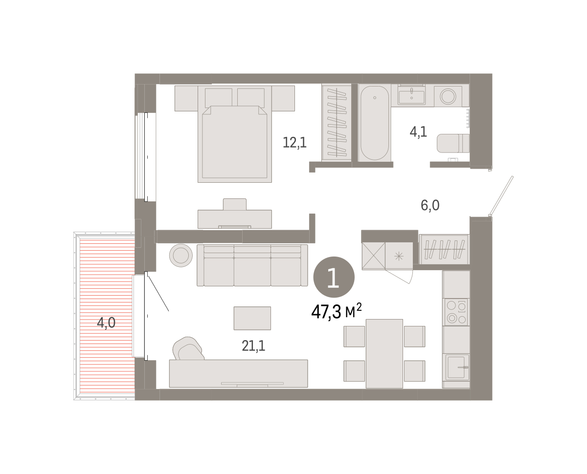 Планировка: Евродвушка 47.3 м² в ЖК На Минской, Центр: Драмтеатр