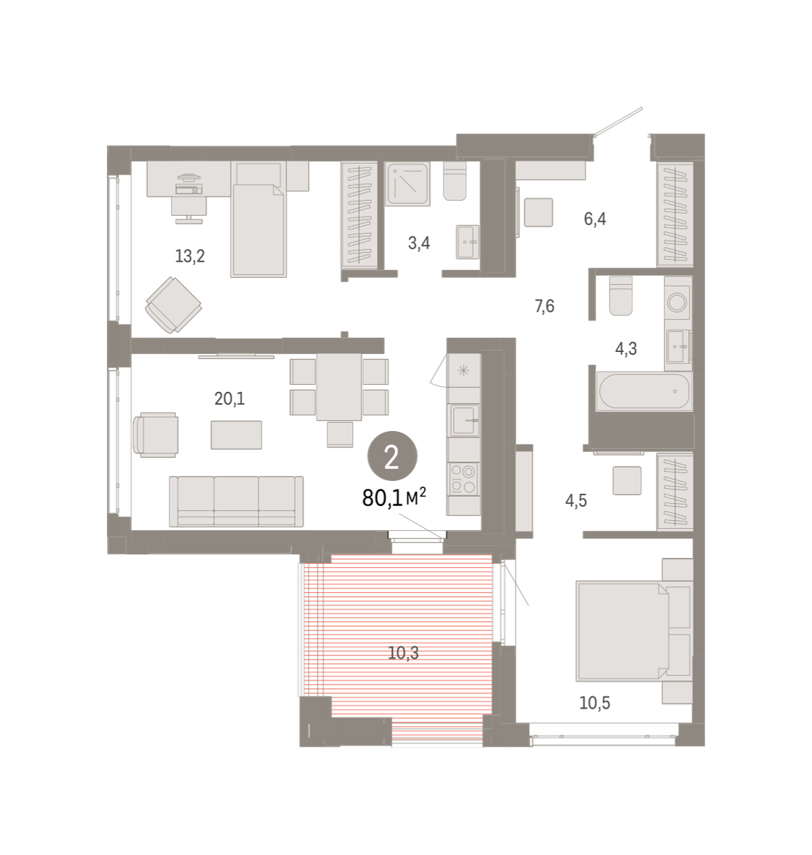 Планировка: Евротрешка 80.1 м² в ЖК Республики 205, Центр: КПД