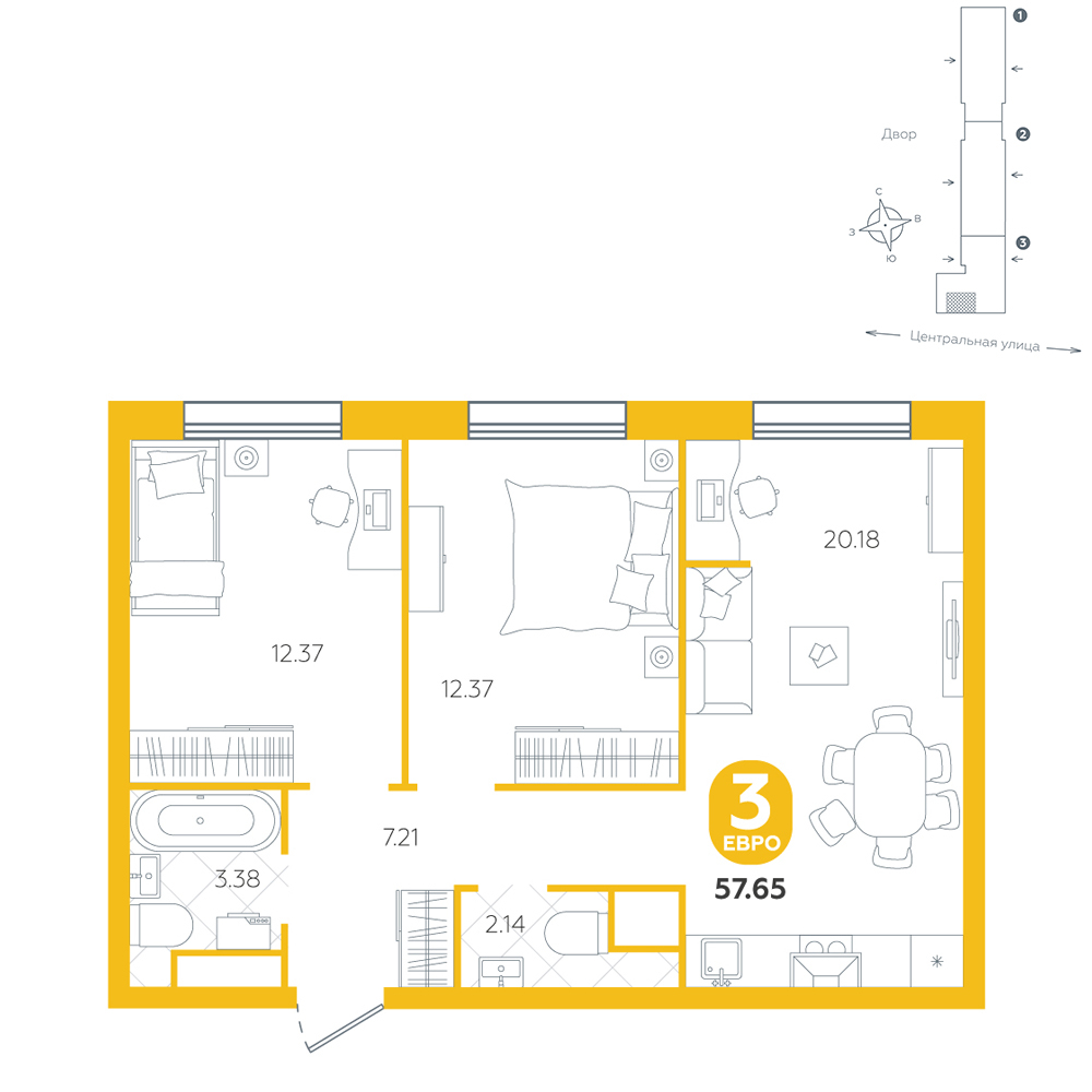 Планировка: Формат уточняется 57.6 м² в ЖК Крылья, Область