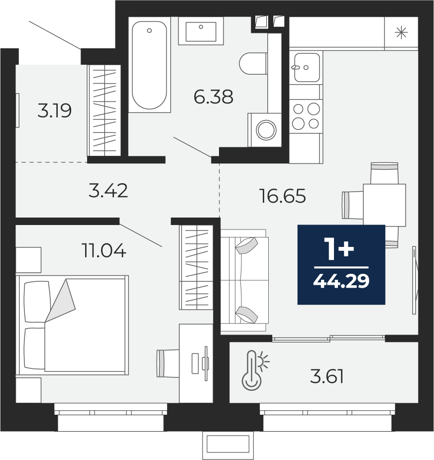 Планировка: Евродвушка 44.3 м² в ЖК Беринг, Лесобаза