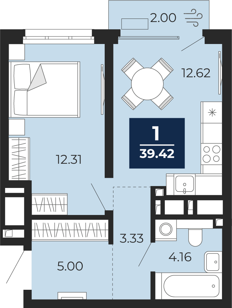 Планировка: 1-комнатная 37.4 м² в ЖК Беринг, Лесобаза