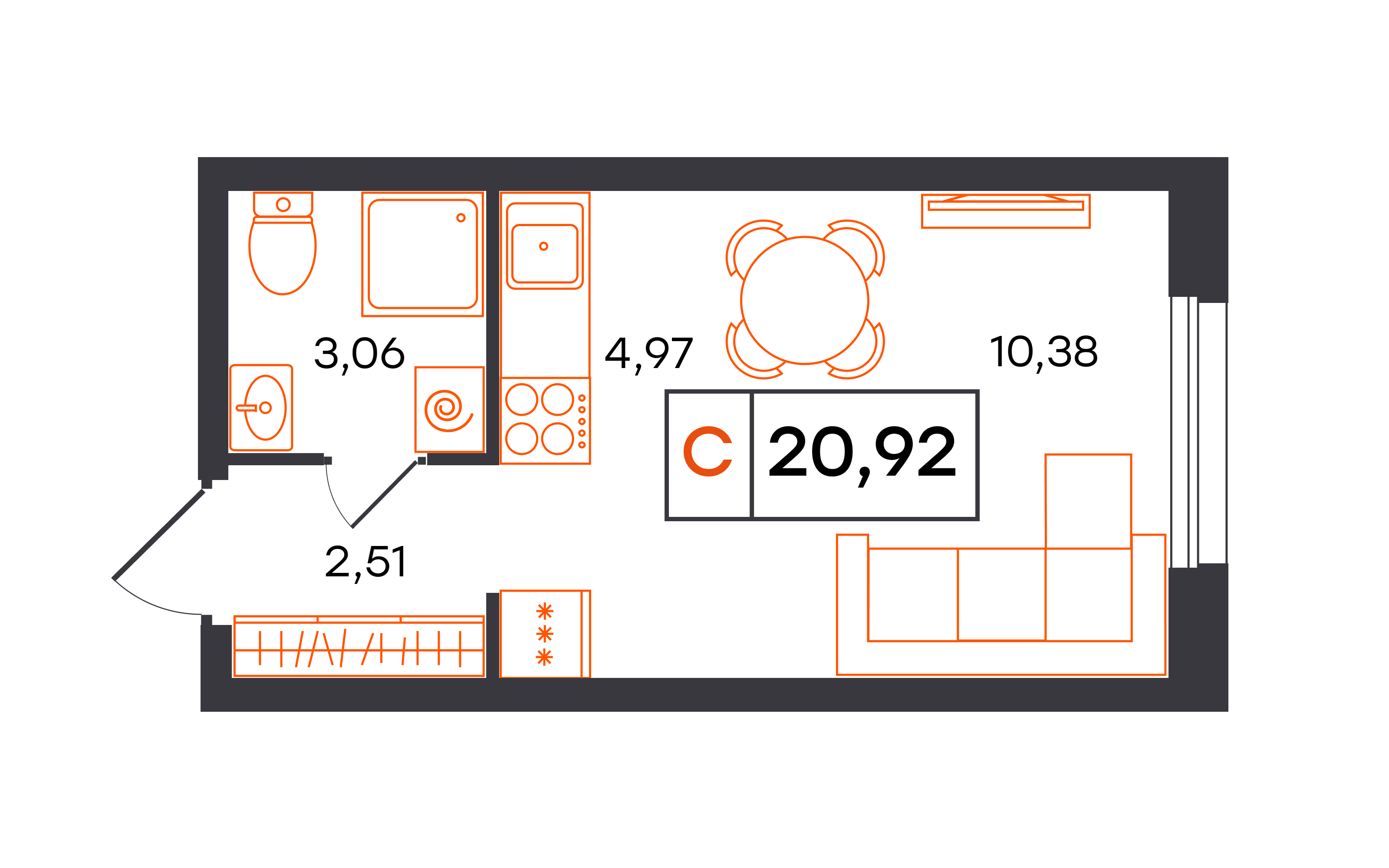 Планировка: Студия 20.9 м² в ЖК Фатера, Дом Обороны