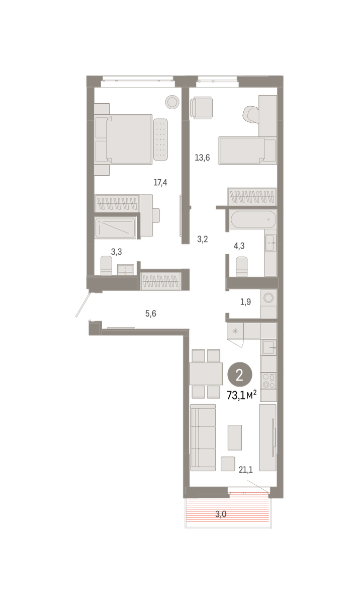 Планировка: Евротрешка 73.2 м² в ЖК Республики 205, Центр: КПД