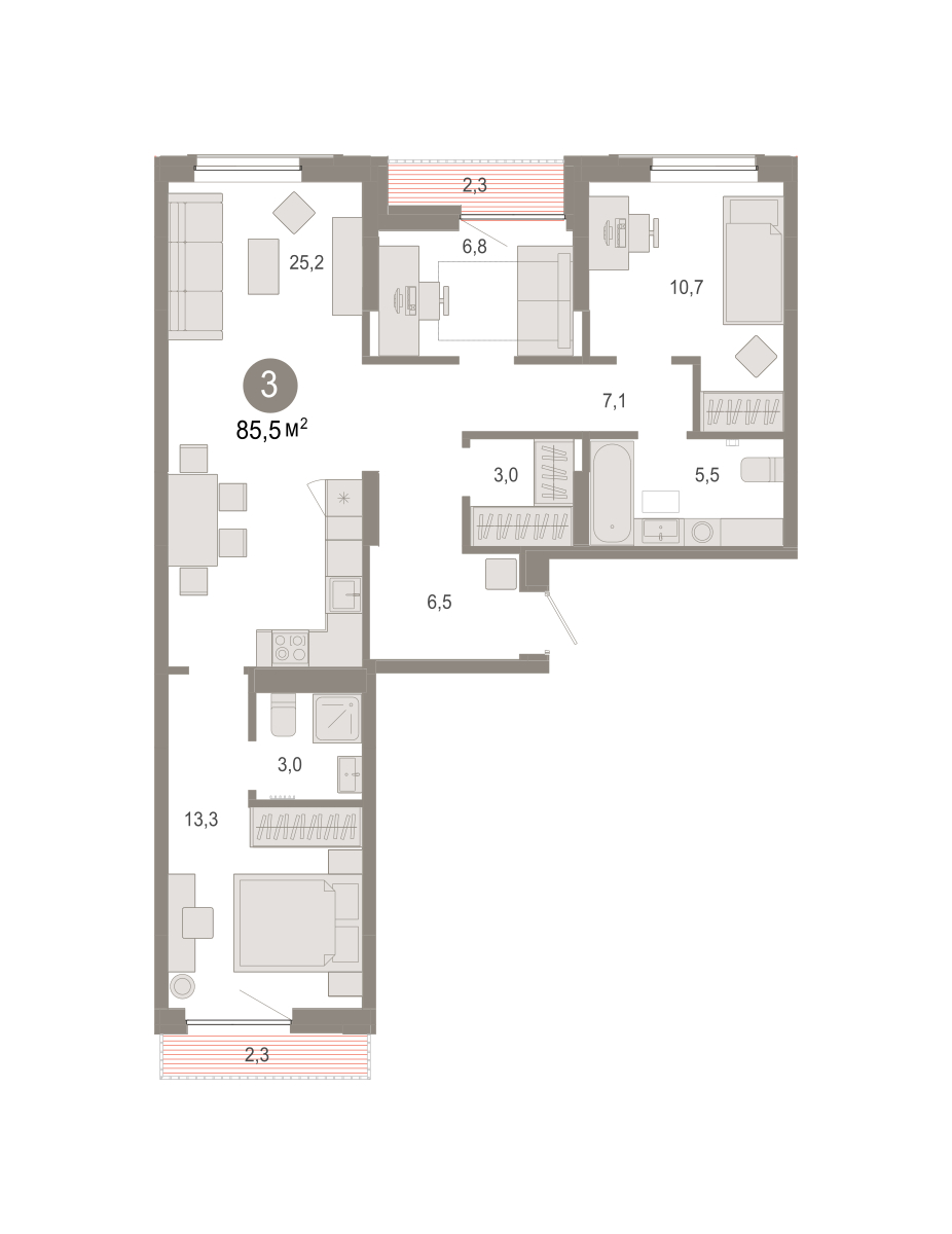 Планировка: 4-комнатная евро 85.5 м² в ЖК Октябрьский на Туре, ДОК