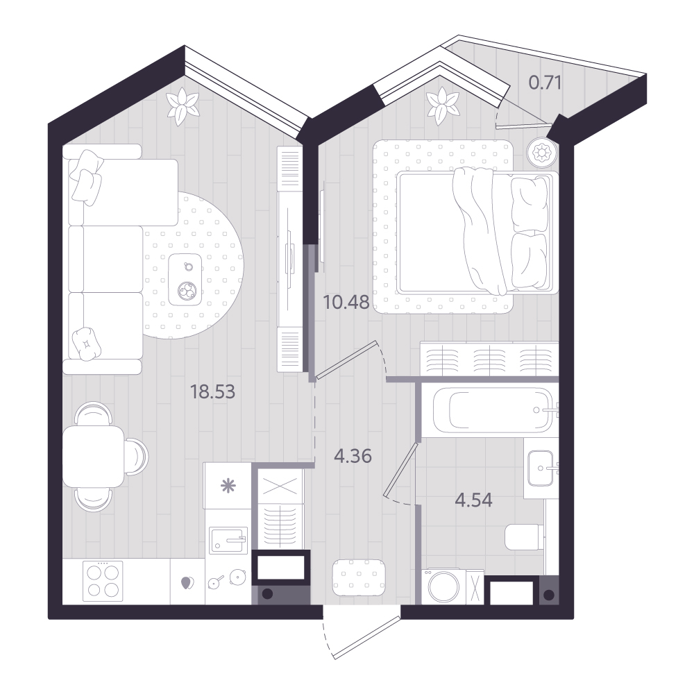 Планировка: Евродвушка 38.1 м² в ЖК Форсо, Зарека