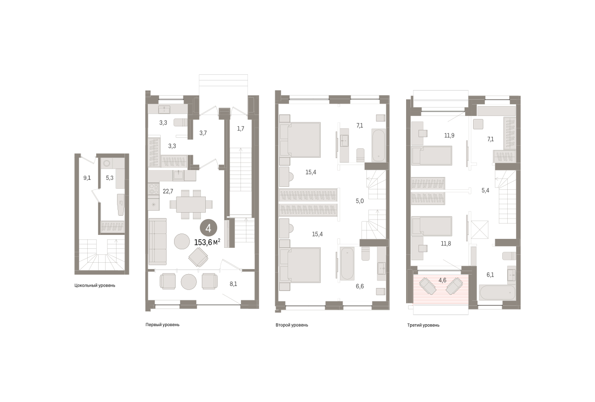 Планировка: 5-комнатная евро 153.6 м² в ЖК Дом у озера, Европейский