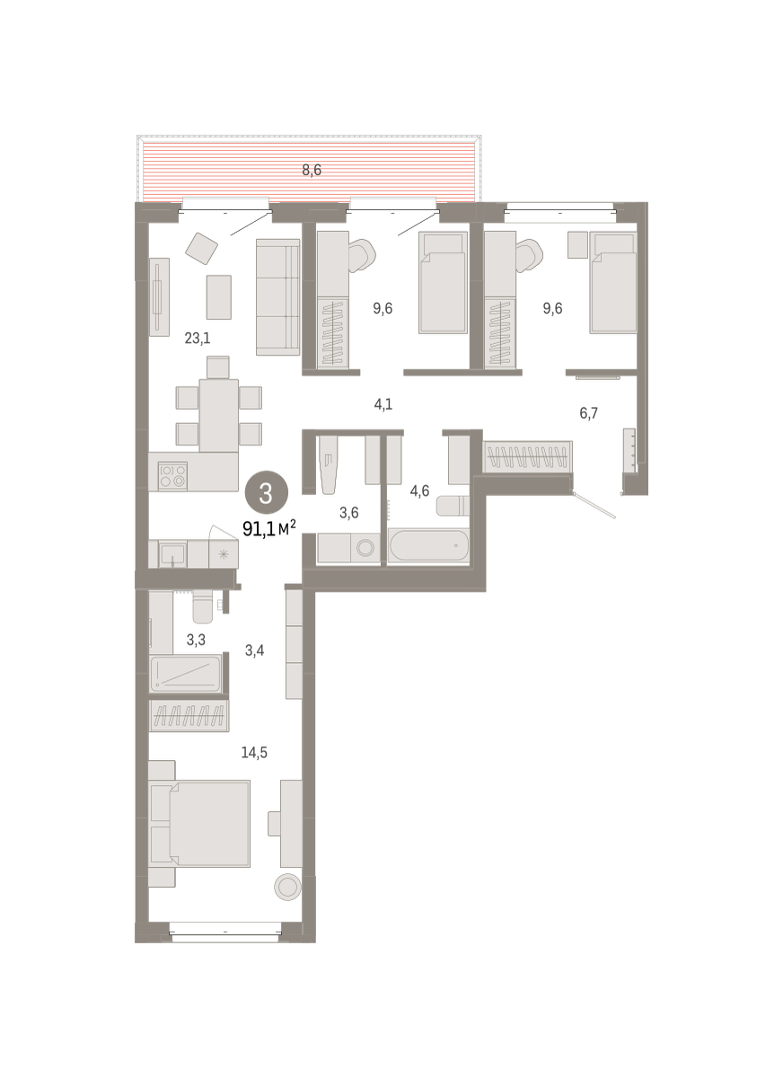 Планировка: 4-комнатная евро 91 м² в ЖК На Минской, Центр: Драмтеатр