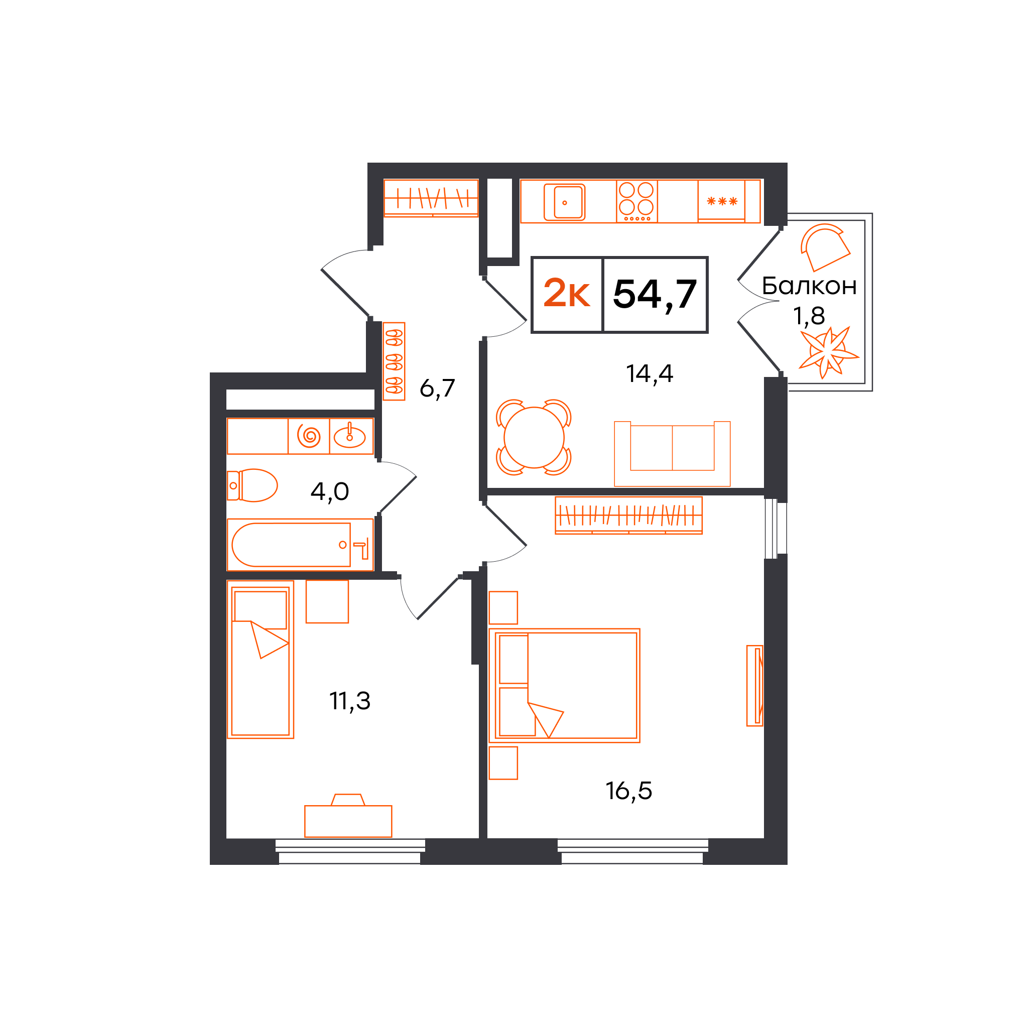Планировка: Евротрешка 54.7 м² в ЖК Отличие, Комарово Парк
