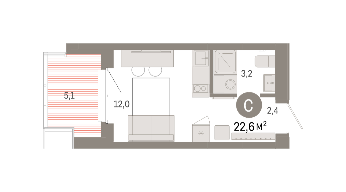 Планировка: Студия 22.6 м² в ЖК На Минской, Центр: Драмтеатр