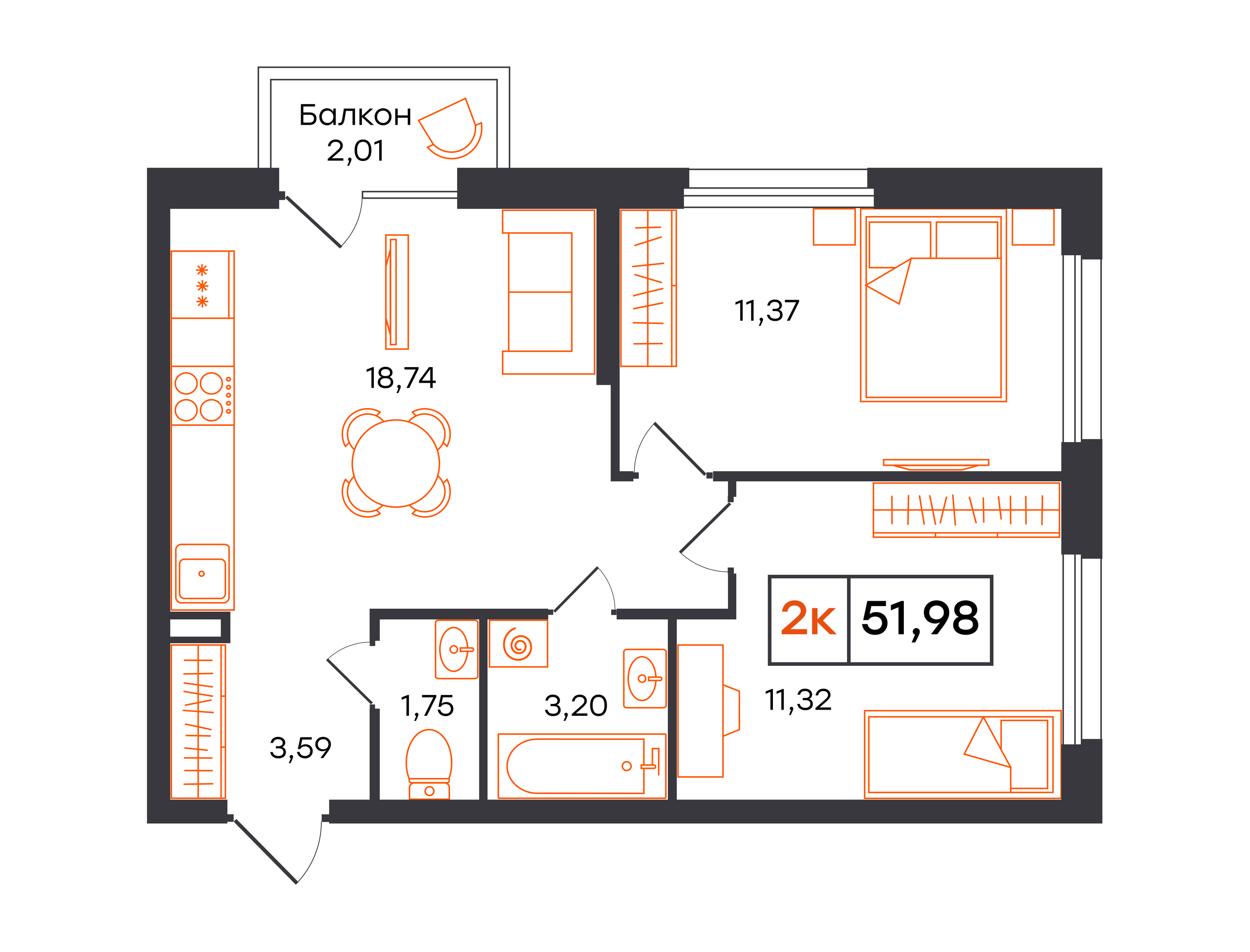 Планировка: 2-комнатная 52 м² в ЖК Фатера, Дом Обороны