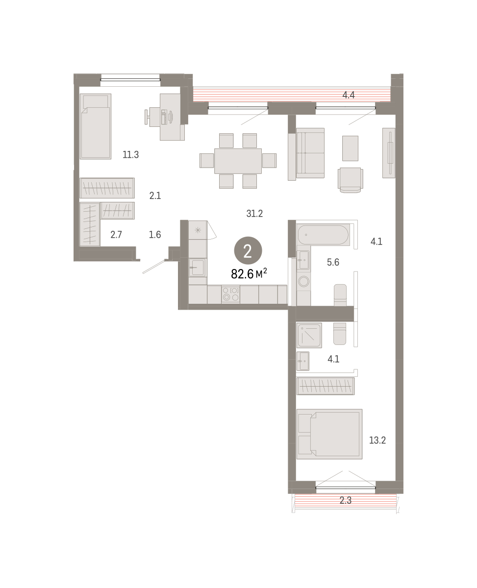 Планировка: Евротрешка 82.6 м² в ЖК Октябрьский на Туре, ДОК