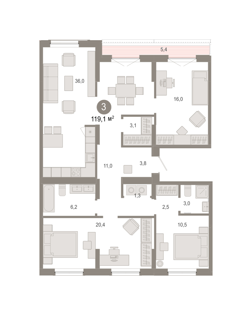 Планировка: 4-комнатная евро 119.1 м² в ЖК Октябрьский на Туре, ДОК