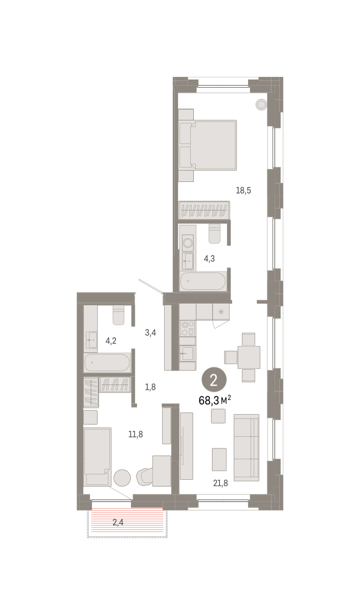 Планировка: 2-комнатная 68.3 м² в ЖК Зарека, Заречный