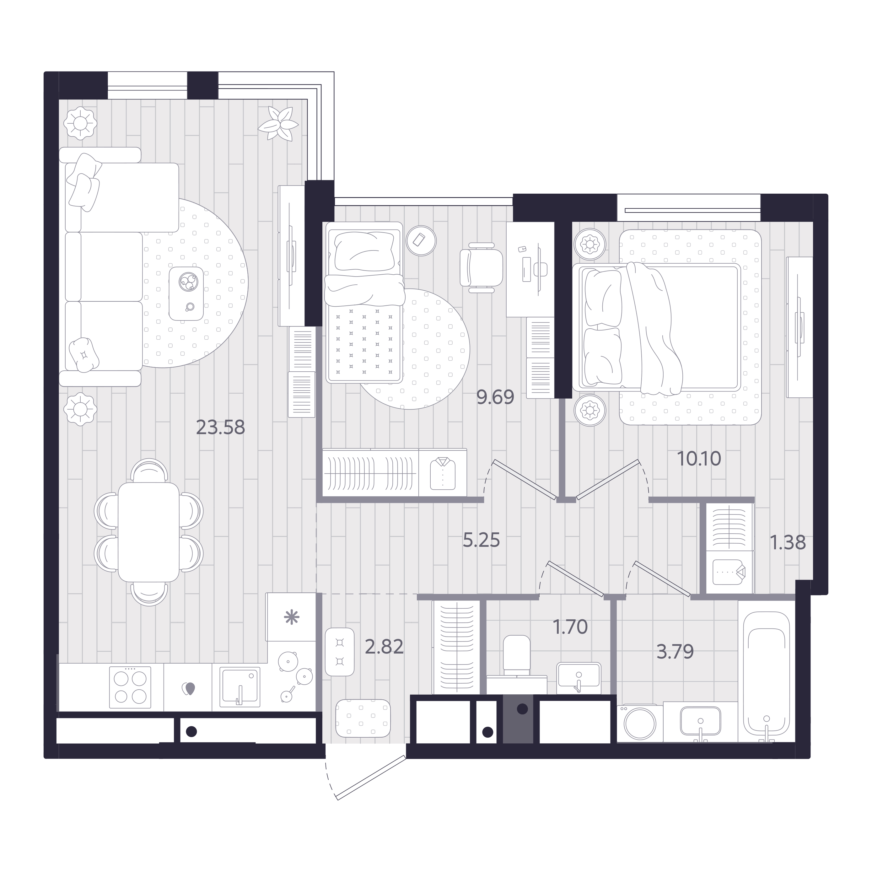 Планировка: Евротрешка 58.3 м² в ЖК Форсо, Зарека
