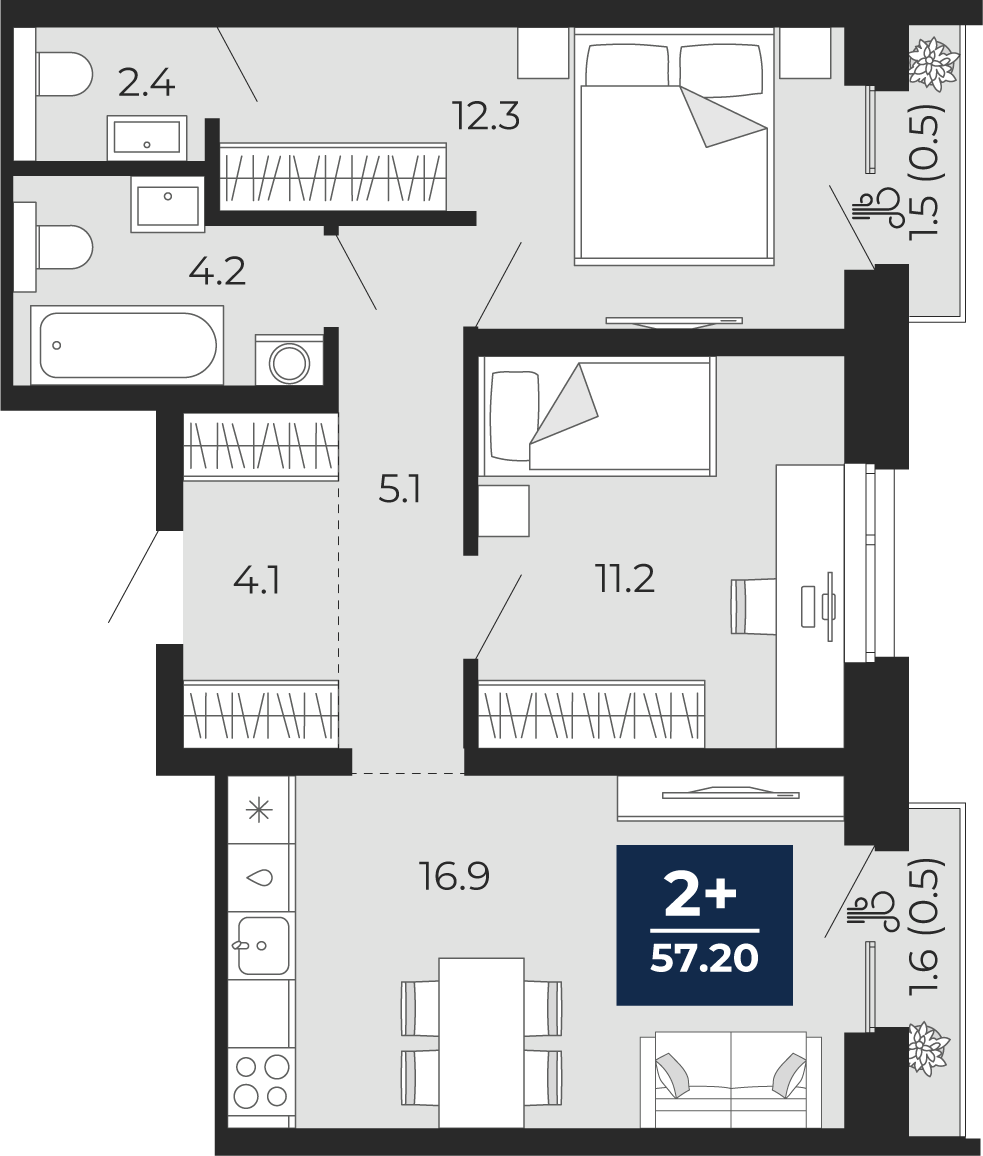 Планировка: Евротрешка 56.2 м² в ЖК Мириады, Мыс