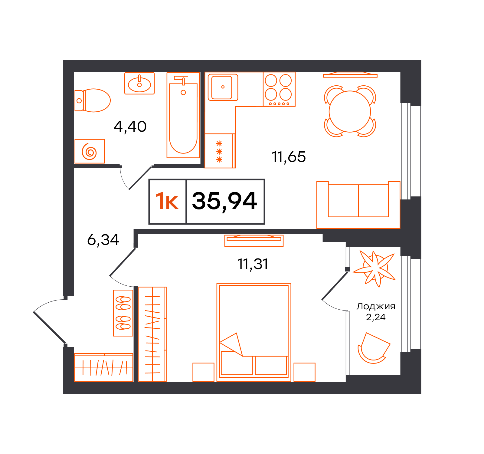 Планировка: 1-комнатная 35.9 м² в ЖК Фатера, Дом Обороны