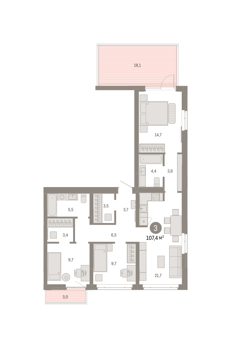 Планировка: 4-комнатная евро 107.4 м² в ЖК Республики 205, Центр: КПД