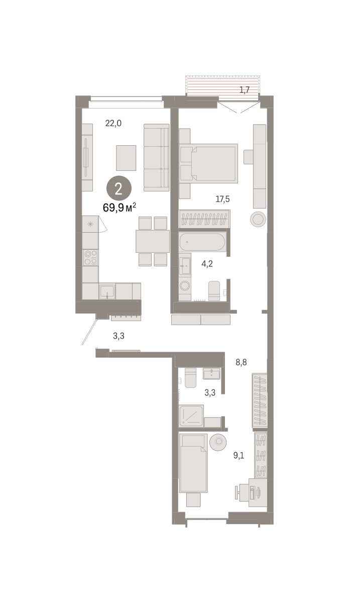 Планировка: Евротрешка 69.9 м² в ЖК Республики 205, Центр: КПД