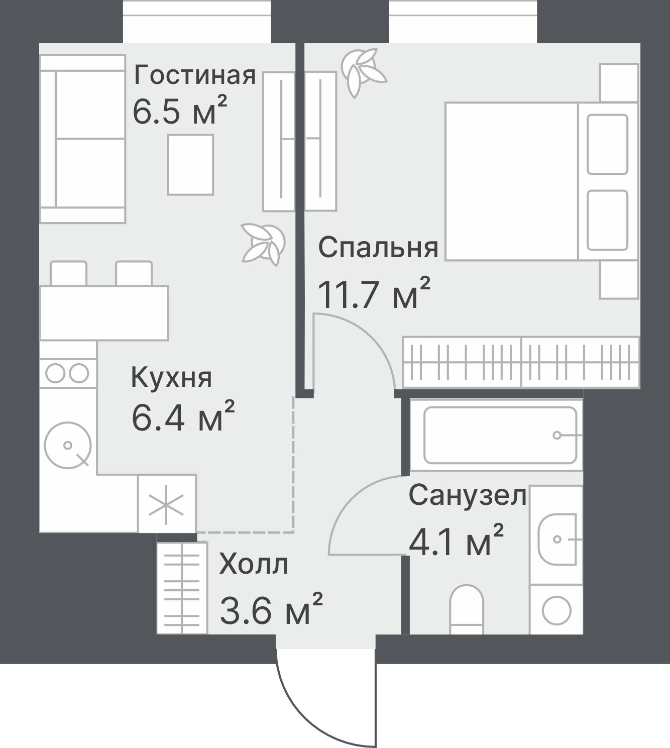 Планировка: 1-комнатная 32.2 м² в ЖК Дружеский, Плеханово