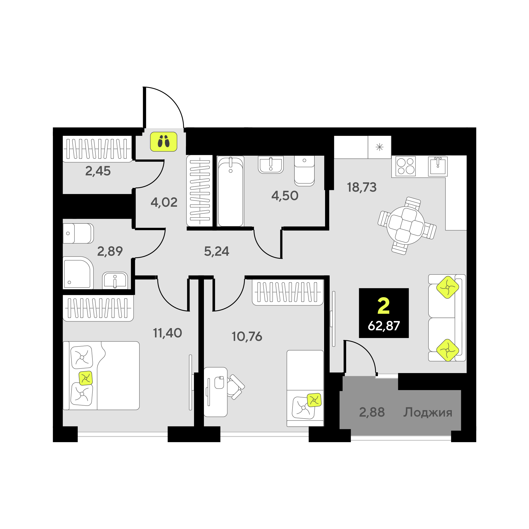 Планировка: Евротрешка 62.9 м² в ЖК Мотивы, От Плеханова до Южного