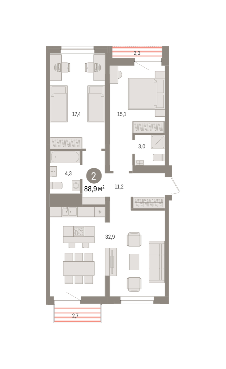 Планировка: 2-комнатная 88.9 м² в ЖК Речной порт, Центр: Дом печати