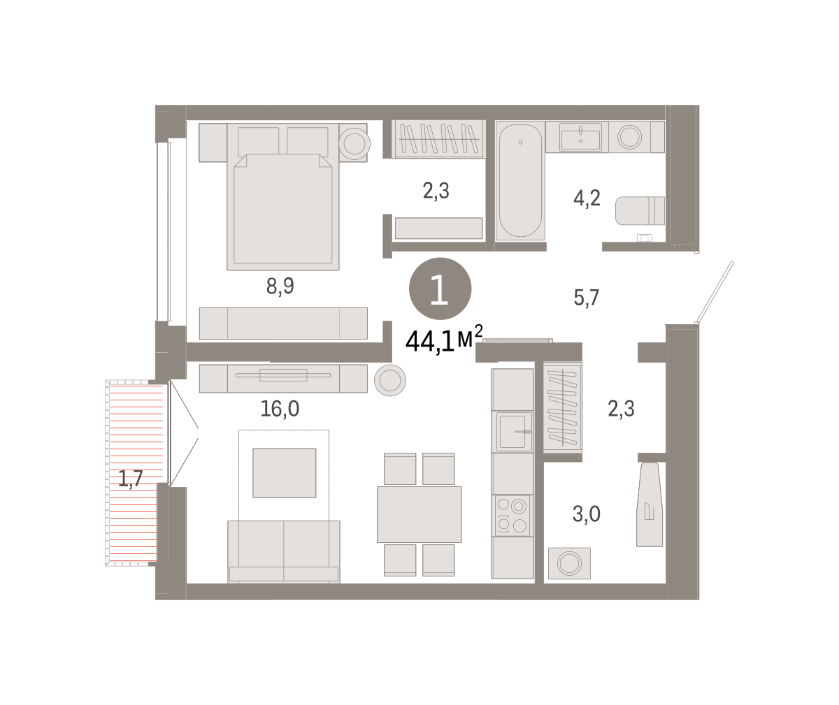 Планировка: Формат уточняется 44.1 м² в ЖК Республики 205, Центр: КПД