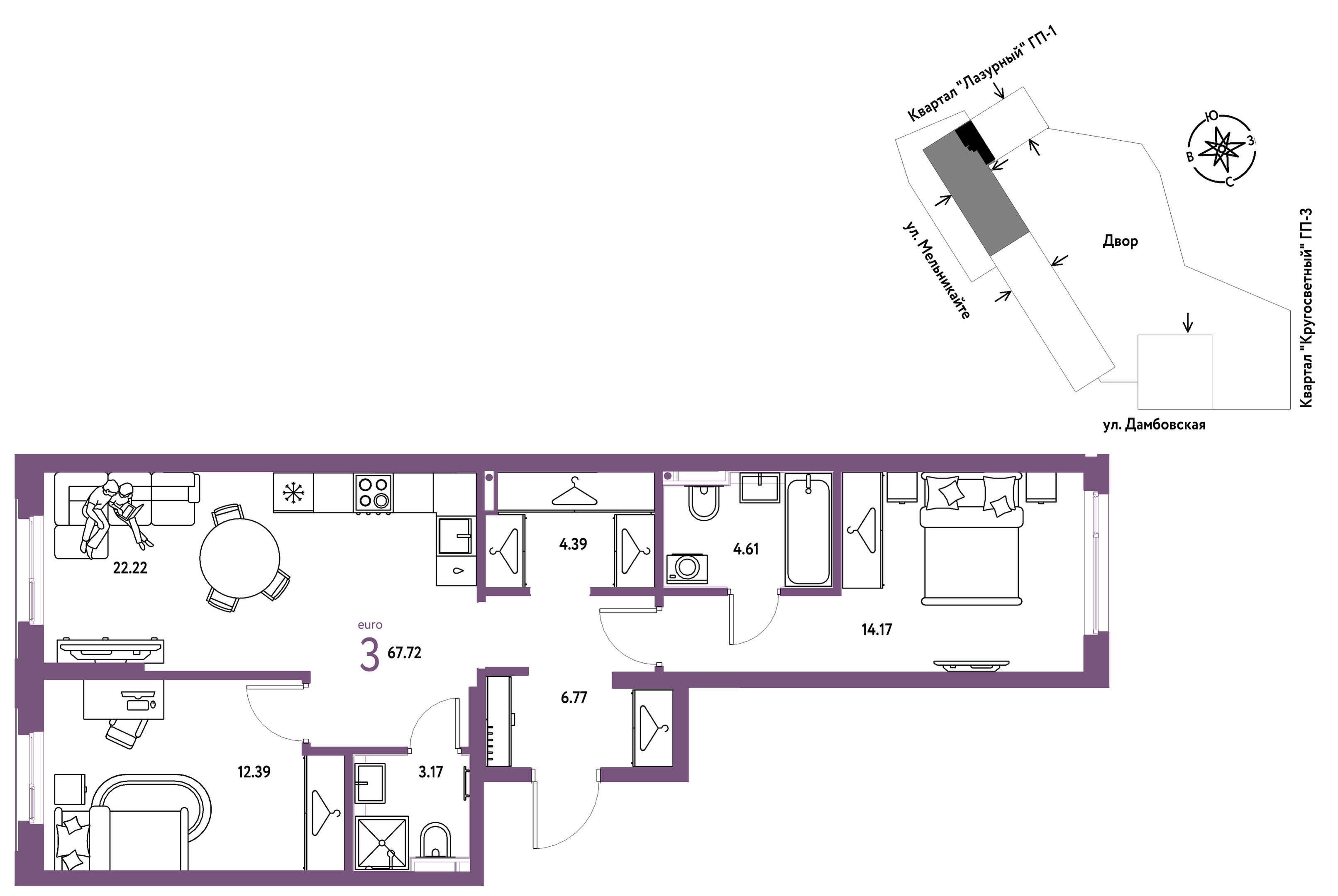 Планировка: Формат уточняется 67.7 м² в ЖК Страна. Прибрежная, Центр: Студгородок