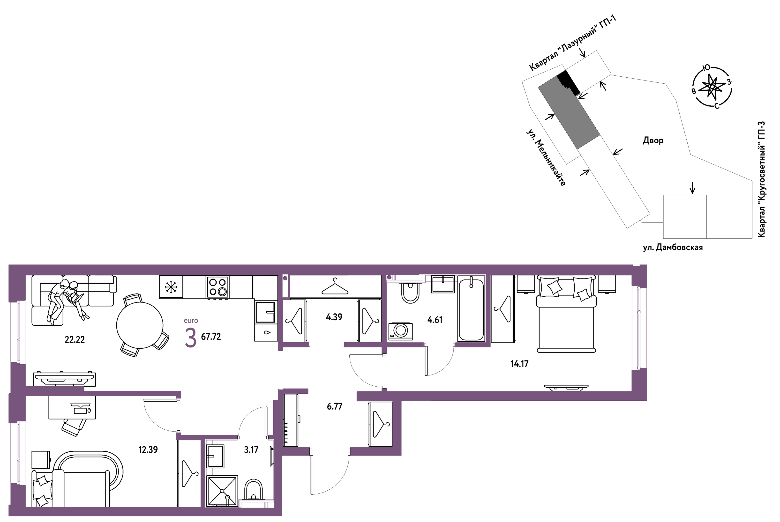 Планировка: Формат уточняется 67.7 м² в ЖК Страна. Прибрежная, Центр: Студгородок