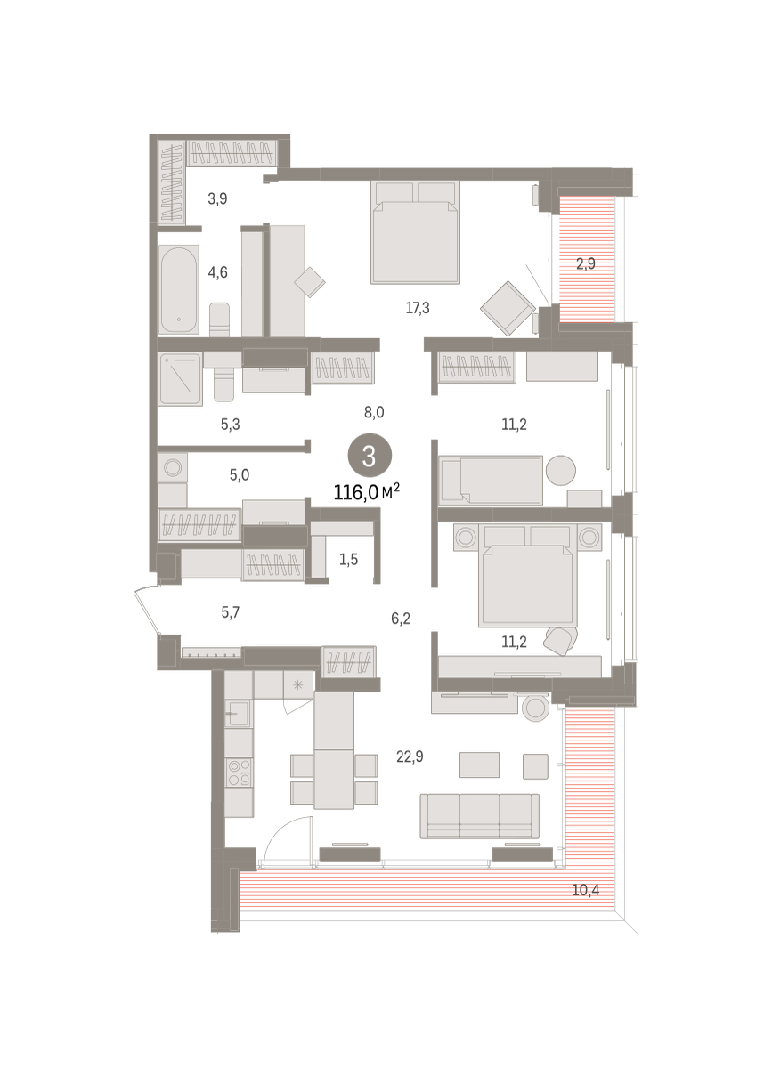 Планировка: 4-комнатная евро 116 м² в ЖК На Минской, Центр: Драмтеатр
