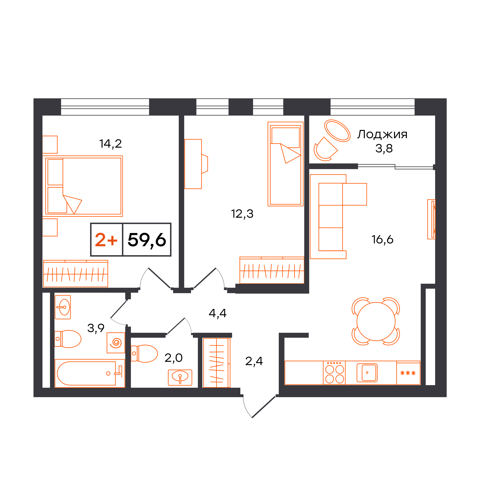 Планировка: Евротрешка 59.6 м² в ЖК Умный квартал UNO, Московский тракт