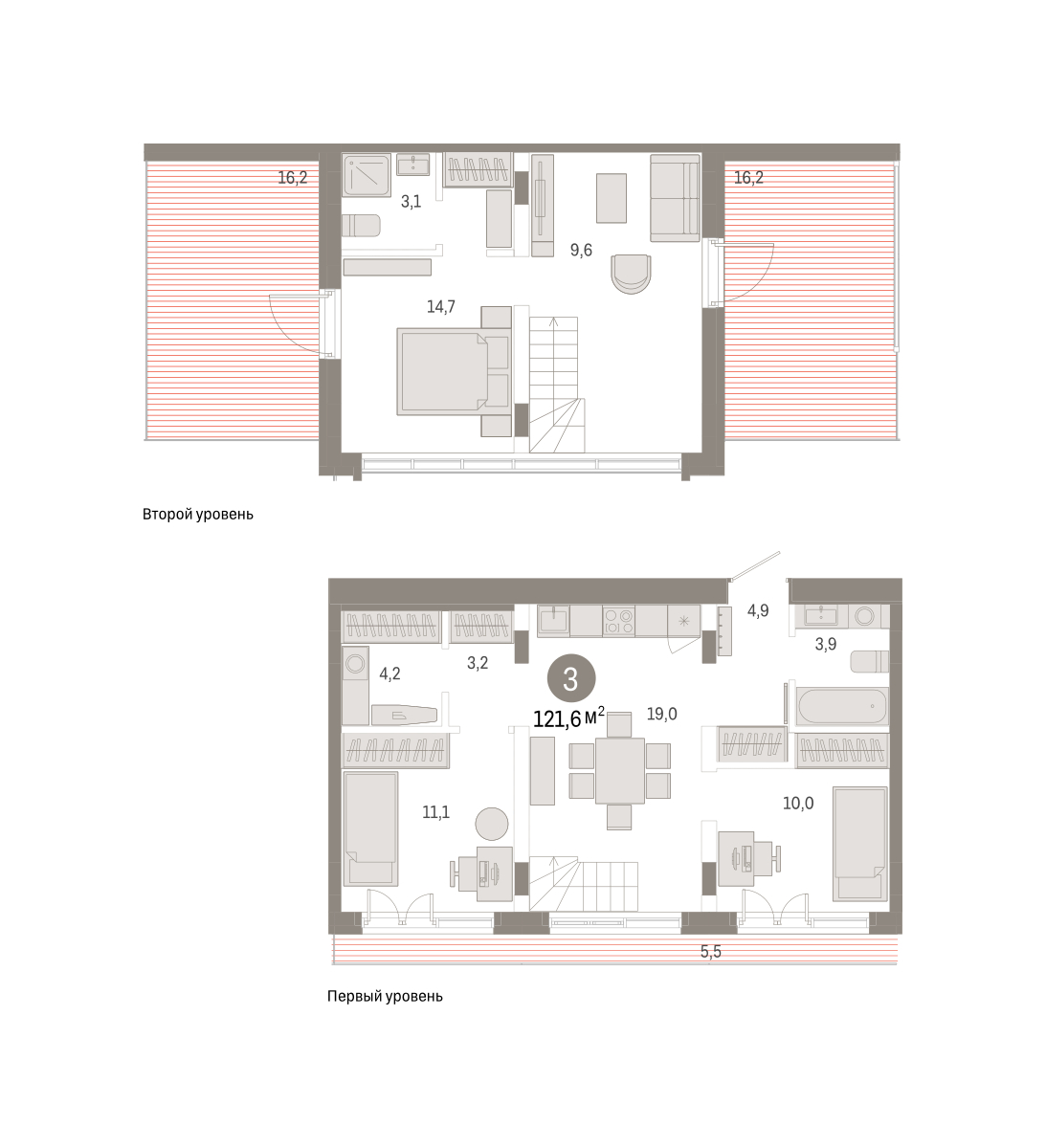 Планировка: 4-комнатная евро 121.6 м² в ЖК Республики 205, Центр: КПД