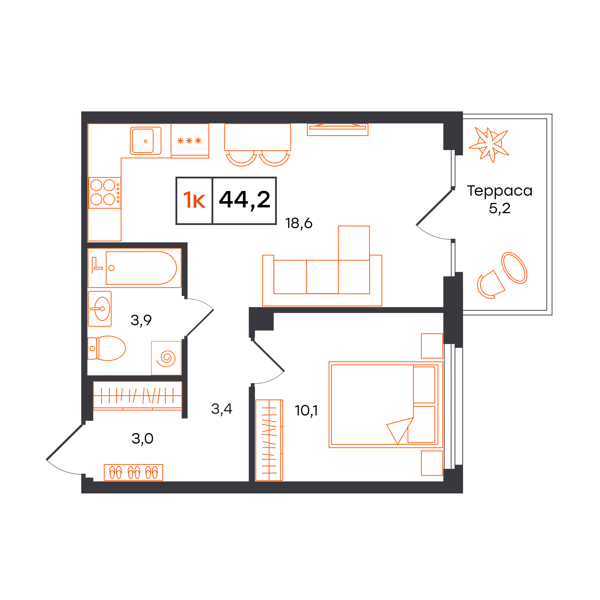 Планировка: Евродвушка 44.2 м² в ЖК Отличие, Комарово Парк
