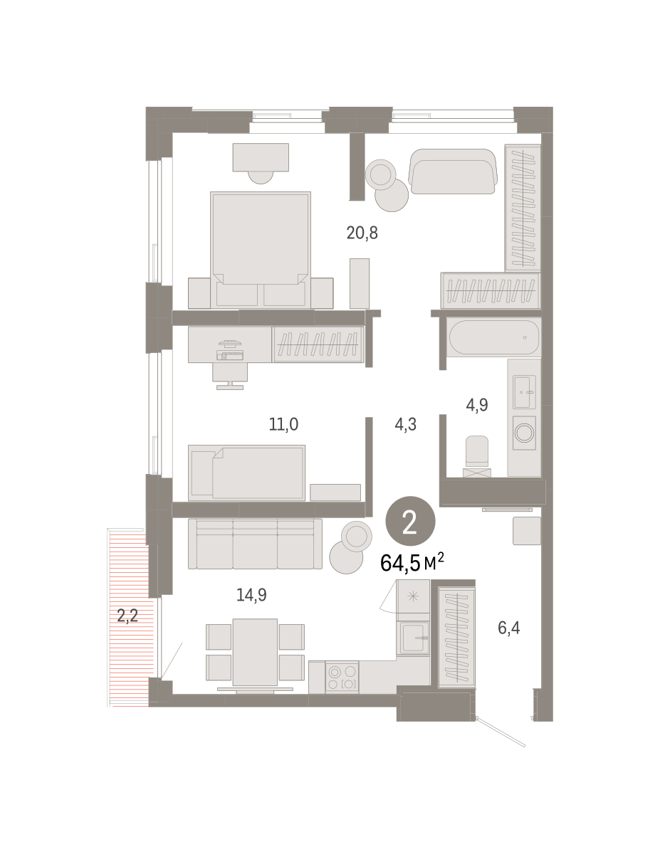 Планировка: Евротрешка 64.5 м² в ЖК Зарека, Заречный