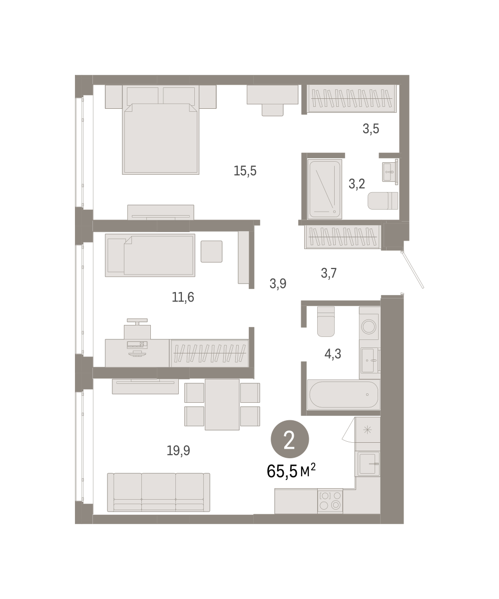 Планировка: Евротрешка 65.5 м² в ЖК Республики 205, Центр: КПД
