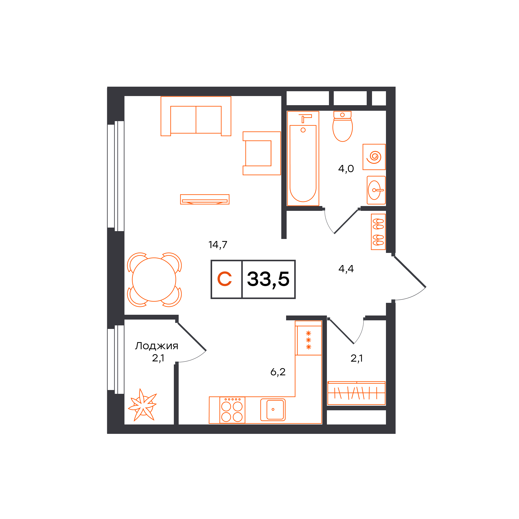 Планировка: Студия 33.5 м² в ЖК Отличие, Комарово Парк