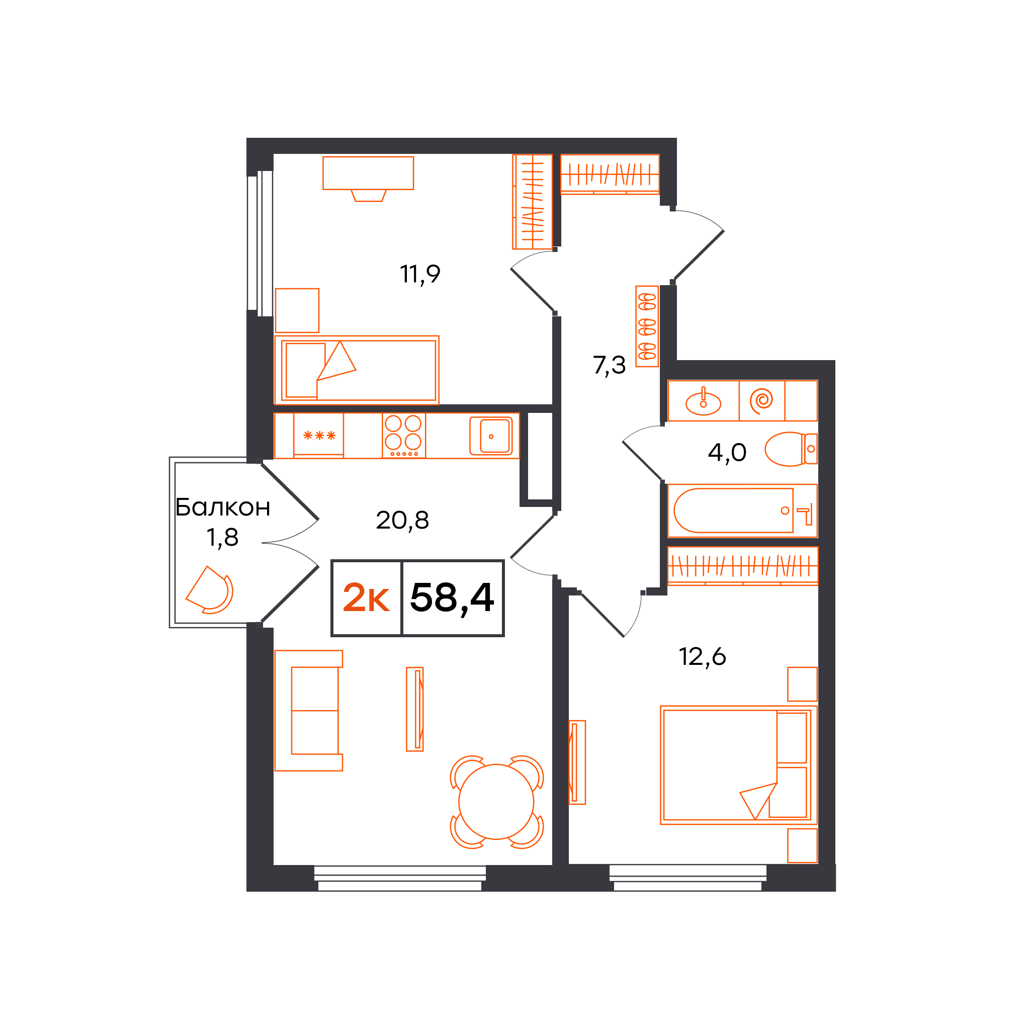 Планировка: Евротрешка 58.4 м² в ЖК Отличие, Комарово Парк