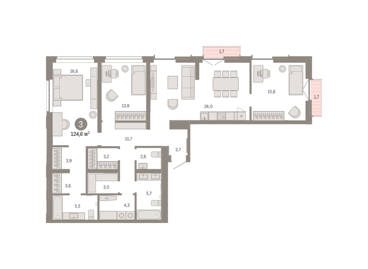 Планировка: 4-комнатная евро 124.6 м² в ЖК Республики 205, Центр: КПД