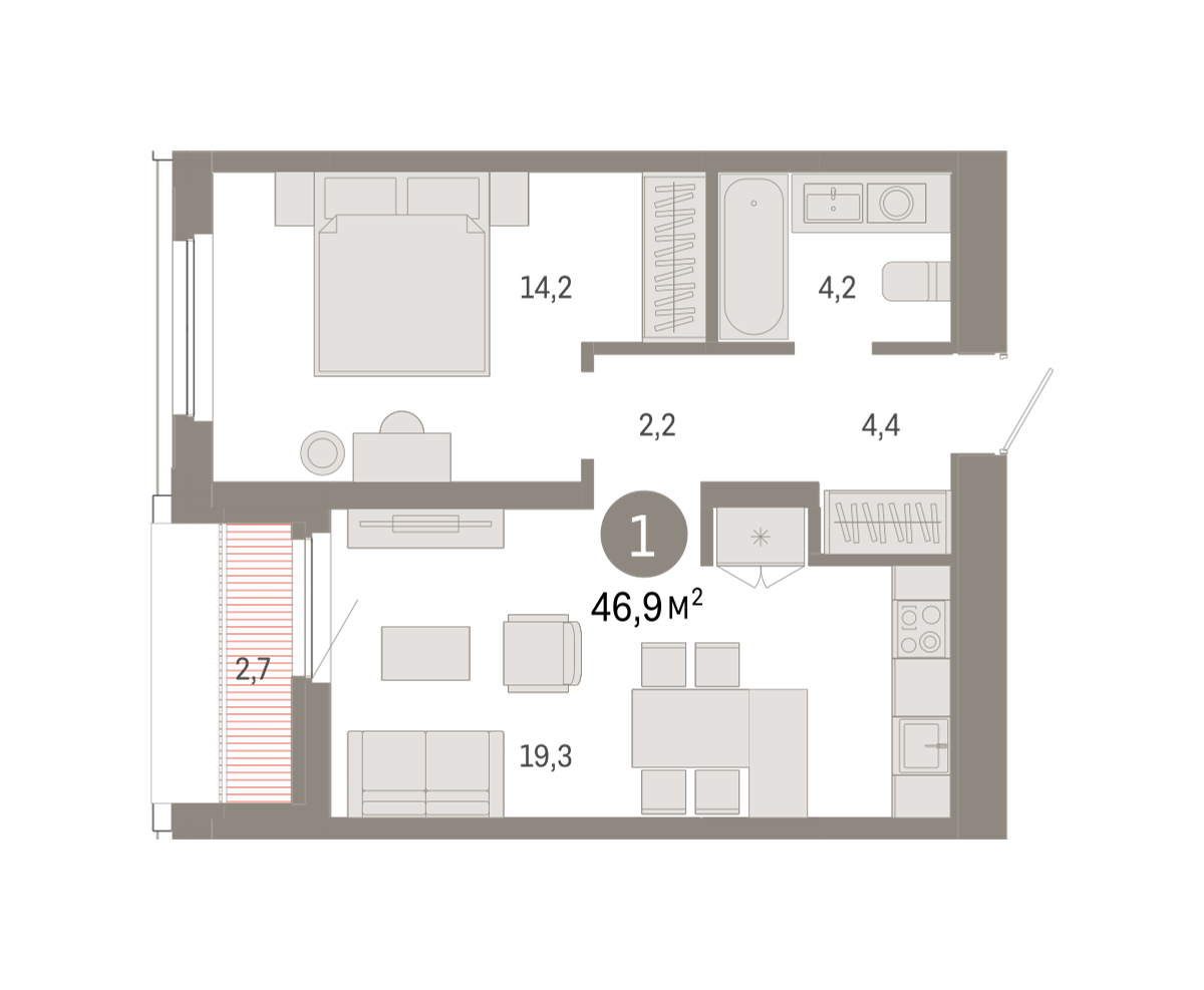 Планировка: Евродвушка 46.9 м² в ЖК Зарека, Заречный