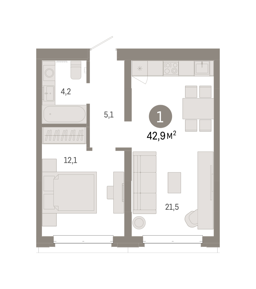 Планировка: Евродвушка 42.9 м² в ЖК На Минской, Центр: Драмтеатр